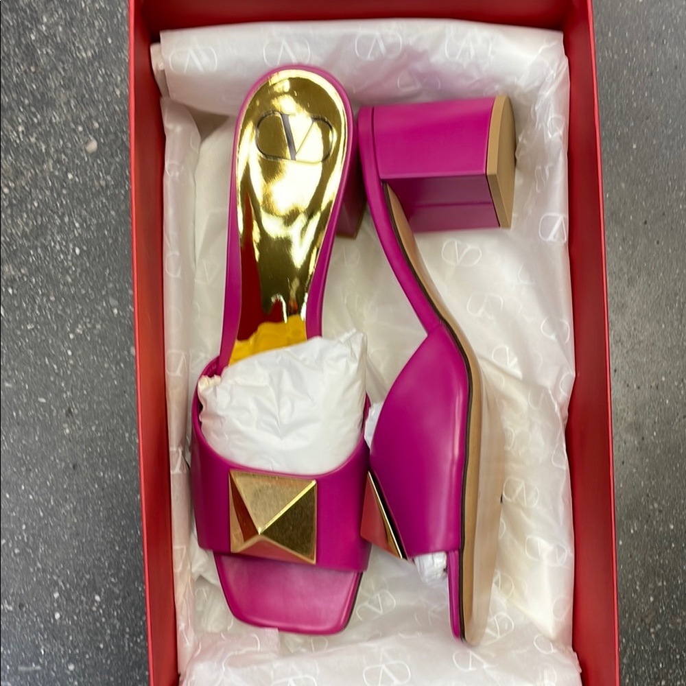 Valentino Pink Gold Pyramid-Stud Block Heel Sandals